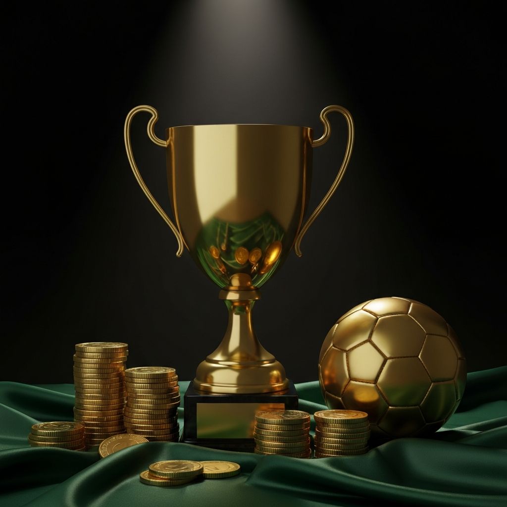 Trofeu dourado com bola de futebol e moedas